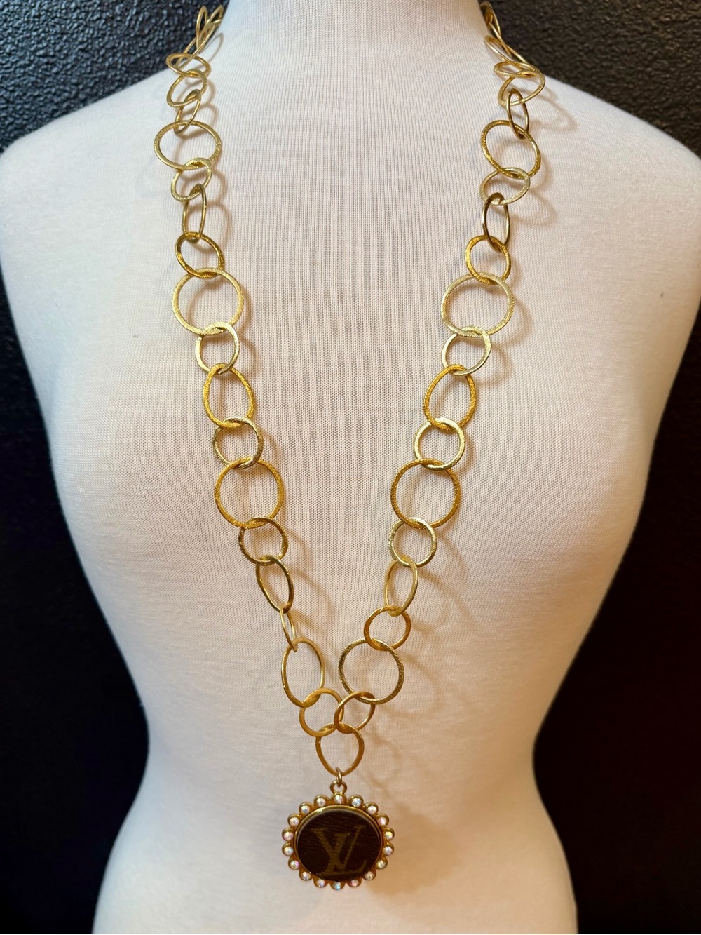 Gold-Tone Statement Necklace with Upcycled LV-Style Pendant